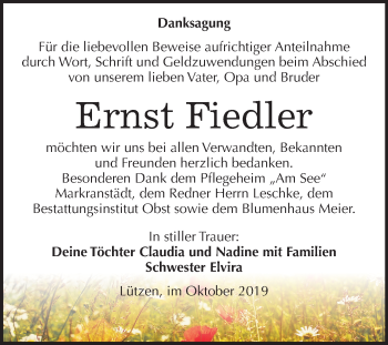 Traueranzeige von Ernst Fiedler von Mitteldeutsche Zeitung Weißenfels