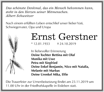 Traueranzeige von Ernst Gerstner von Wochenspiegel Mansfelder Land