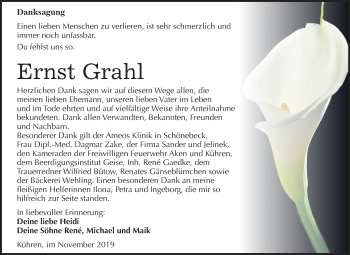 Traueranzeige von Ernst Grahl von Mitteldeutsche Zeitung Köthen