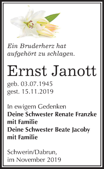 Traueranzeige von Ernst Janott von Mitteldeutsche Zeitung Wittenberg