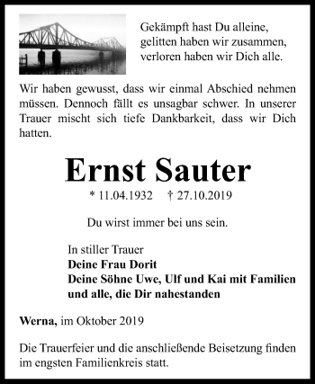 Traueranzeige von Ernst Sauter von Mitteldeutsche Zeitung Halle/Saalkreis