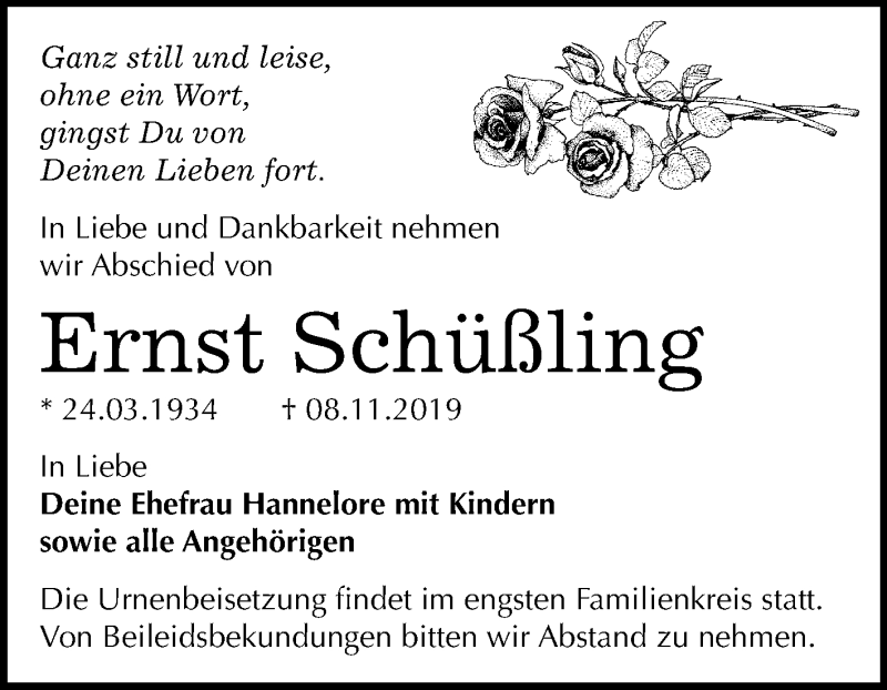  Traueranzeige für Ernst Schüßling vom 20.11.2019 aus Wochenspiegel Bitterfeld