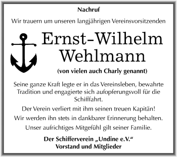 Traueranzeige von Ernst-Wilhelm Wehlmann von Super Sonntag Bernburg