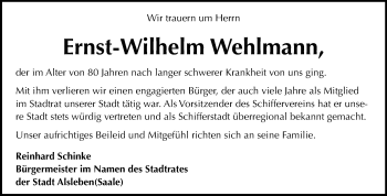 Traueranzeige von Ernst-Wilhelm Wehlmann von Super Sonntag Bernburg