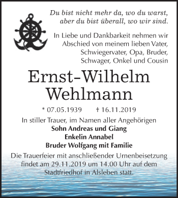 Traueranzeige von Ernst-Wilhelm Wehlmann von Mitteldeutsche Zeitung Bernburg