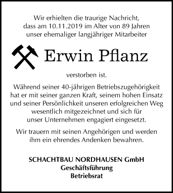 Traueranzeige von Erwin Pflanz von Mitteldeutsche Zeitung Mansfelder Land