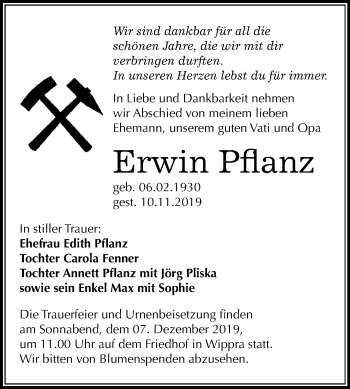 Traueranzeige von Erwin Pflanz von Mitteldeutsche Zeitung Mansfelder Land