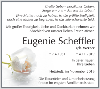 Traueranzeige von Eugenie Scheffler von Mitteldeutsche Zeitung Mansfelder Land