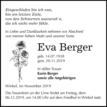 Traueranzeige von Eva Berger von Super Sonntag Sangerhausen