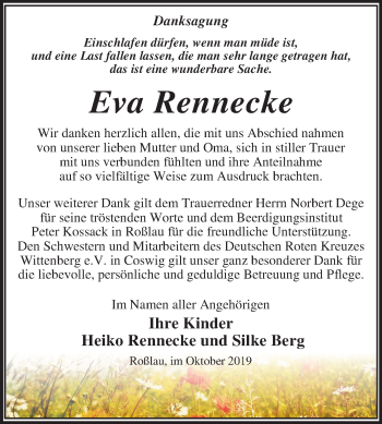Traueranzeige von Eva Rennecke von Mitteldeutsche Zeitung Wittenberg