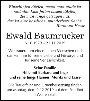 Traueranzeige von Ewald Baumrucker von Mitteldeutsche Zeitung Bitterfeld