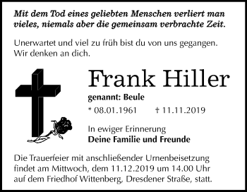 Traueranzeige von Frank Hiller von Mitteldeutsche Zeitung Wittenberg