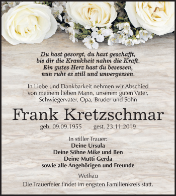 Traueranzeige von Frank Kretzschmar von Mitteldeutsche Zeitung Naumburg/Nebra