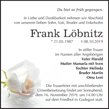 Traueranzeige von Frank Löbnitz von Super Sonntag Wittenberg
