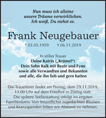 Traueranzeige von Frank Neugebauer von Wochenspiegel Bitterfeld