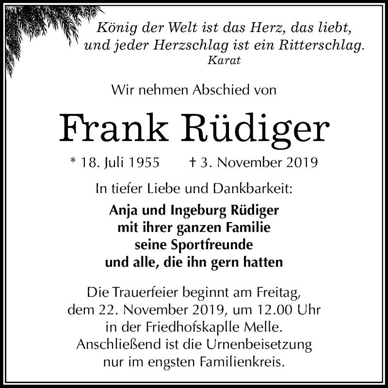  Traueranzeige für Frank Rüdiger vom 20.11.2019 aus Wochenspiegel Mansfelder Land