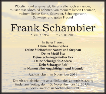 Traueranzeige von Frank Schambier von Mitteldeutsche Zeitung Aschersleben