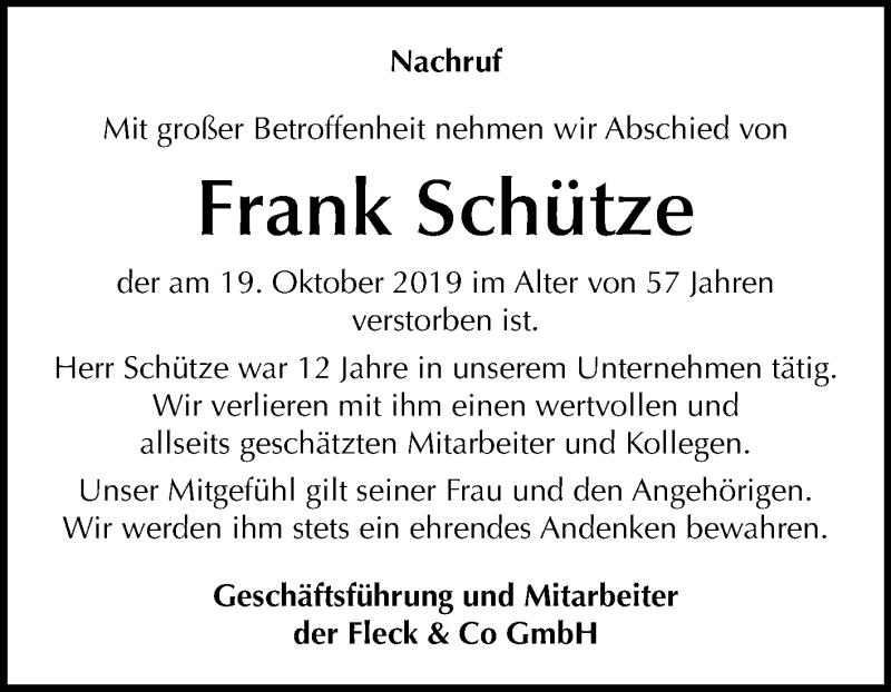  Traueranzeige für Frank Schütze vom 02.11.2019 aus Super Sonntag Wittenberg