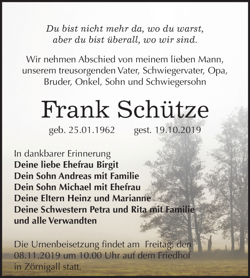  Traueranzeige für Frank Schütze vom 02.11.2019 aus Mitteldeutsche Zeitung Wittenberg