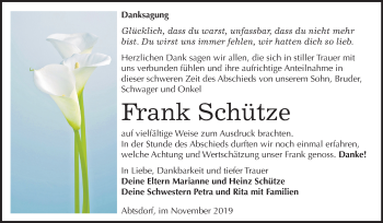 Traueranzeige von Frank Schütze von Super Sonntag Wittenberg