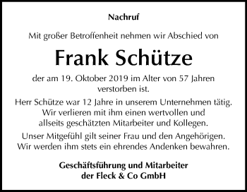 Traueranzeige von Frank Schütze von Super Sonntag Wittenberg