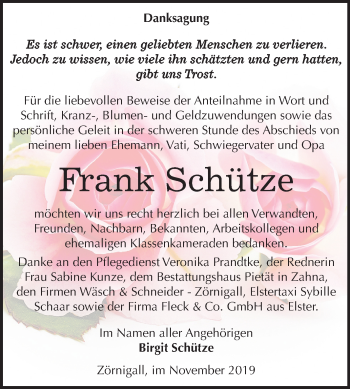 Traueranzeige von Frank Schütze von Mitteldeutsche Zeitung Wittenberg