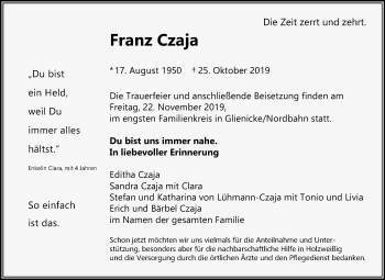Traueranzeige von Franz Czaja von Wochenspiegel Bitterfeld