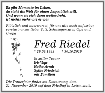 Traueranzeige von Fred Riedel von Mitteldeutsche Zeitung Halle/Saalkreis