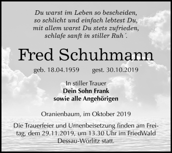 Traueranzeige von Fred Schuhmann von Super Sonntag Wittenberg