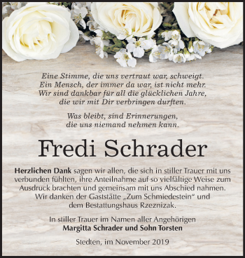 Traueranzeige von Fredi Schrader von Mitteldeutsche Zeitung Mansfelder Land