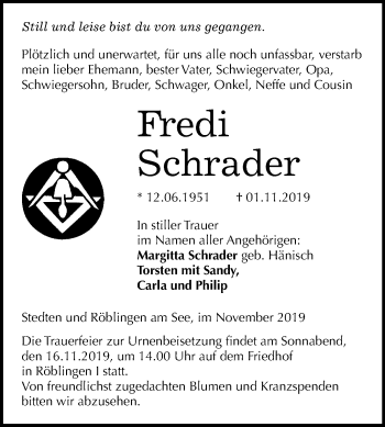 Traueranzeige von Fredi Schrader von Super Sonntag Mansfelder Land