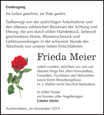 Traueranzeige von Frieda Meier von Mitteldeutsche Zeitung Aschersleben