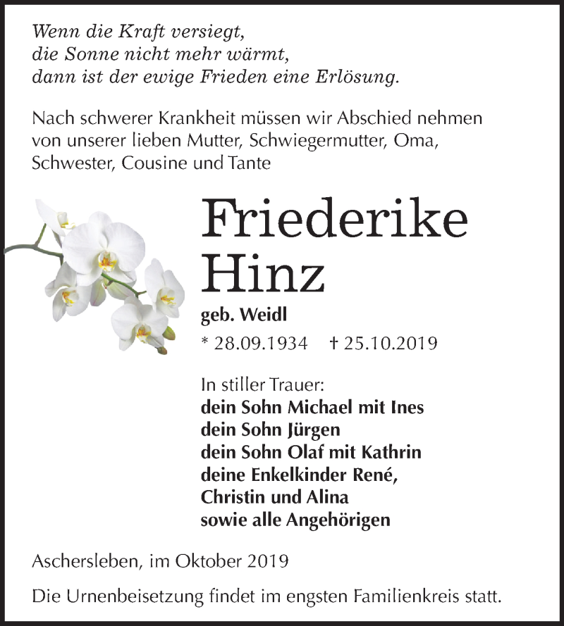  Traueranzeige für Friederike Hinz vom 02.11.2019 aus Super Sonntag Aschersleben
