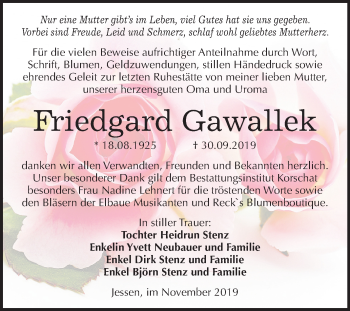 Traueranzeige von Friedgard Gawallek von Super Sonntag Wittenberg