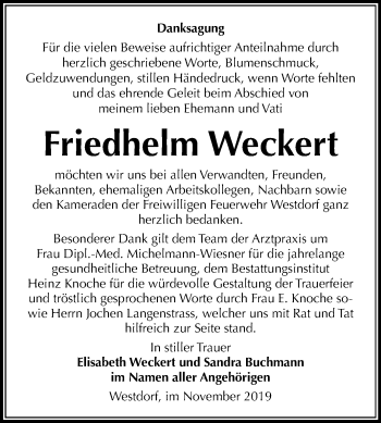 Traueranzeige von Friedhelm Weckert von Mitteldeutsche Zeitung Aschersleben