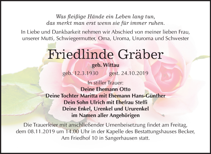  Traueranzeige für Friedlinde Gräber vom 02.11.2019 aus Mitteldeutsche Zeitung Sangerhausen