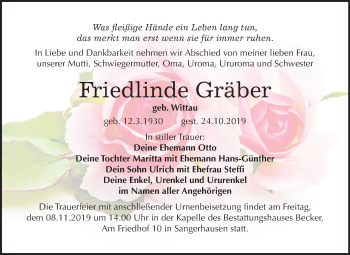 Traueranzeige von Friedlinde Gräber von Wochenspiegel Sangerhausen