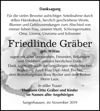 Traueranzeige von Friedlinde Gräber von Super Sonntag Sangerhausen