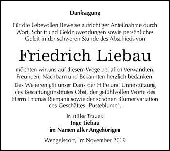 Traueranzeige von Friedrich Liebau von Mitteldeutsche Zeitung Weißenfels