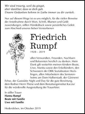 Traueranzeige von Friedrich Rumpf von Mitteldeutsche Zeitung Quedlinburg