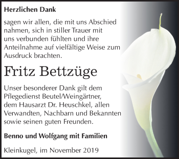 Traueranzeige von Fritz Bettzüge von Mitteldeutsche Zeitung Halle/Saalkreis