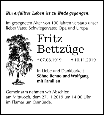 Traueranzeige von Fritz Bettzüge von Mitteldeutsche Zeitung Halle/Saalkreis