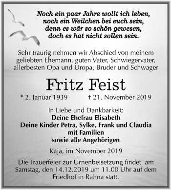 Traueranzeige von Fritz Feist von Mitteldeutsche Zeitung Weißenfels