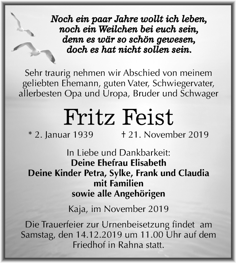  Traueranzeige für Fritz Feist vom 30.11.2019 aus Mitteldeutsche Zeitung Weißenfels
