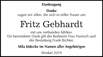 Traueranzeige von Fritz Gebhardt von Mitteldeutsche Zeitung Sangerhausen
