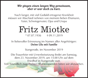 Traueranzeige von Fritz Miotke von Super Sonntag Mansfelder Land