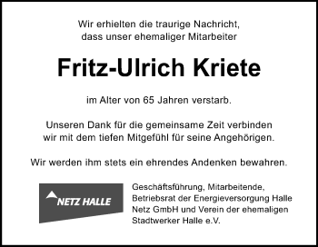Traueranzeige von Fritz-Ulrich Kriete von Mitteldeutsche Zeitung Halle/Saalkreis