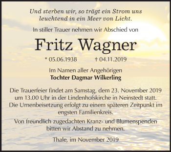 Traueranzeige von Fritz Wagner von Mitteldeutsche Zeitung Quedlinburg