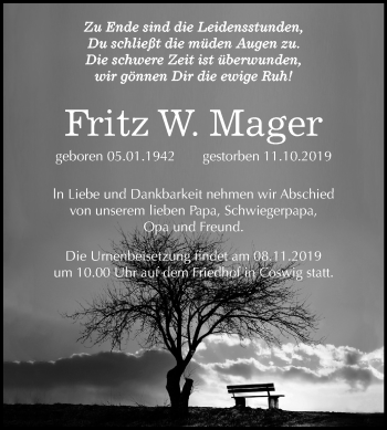 Traueranzeige von Fritz W. Mager von Mitteldeutsche Zeitung Wittenberg