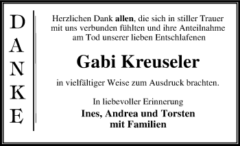 Traueranzeige von Gabi Kreuseler von Mitteldeutsche Zeitung Dessau-Roßlau